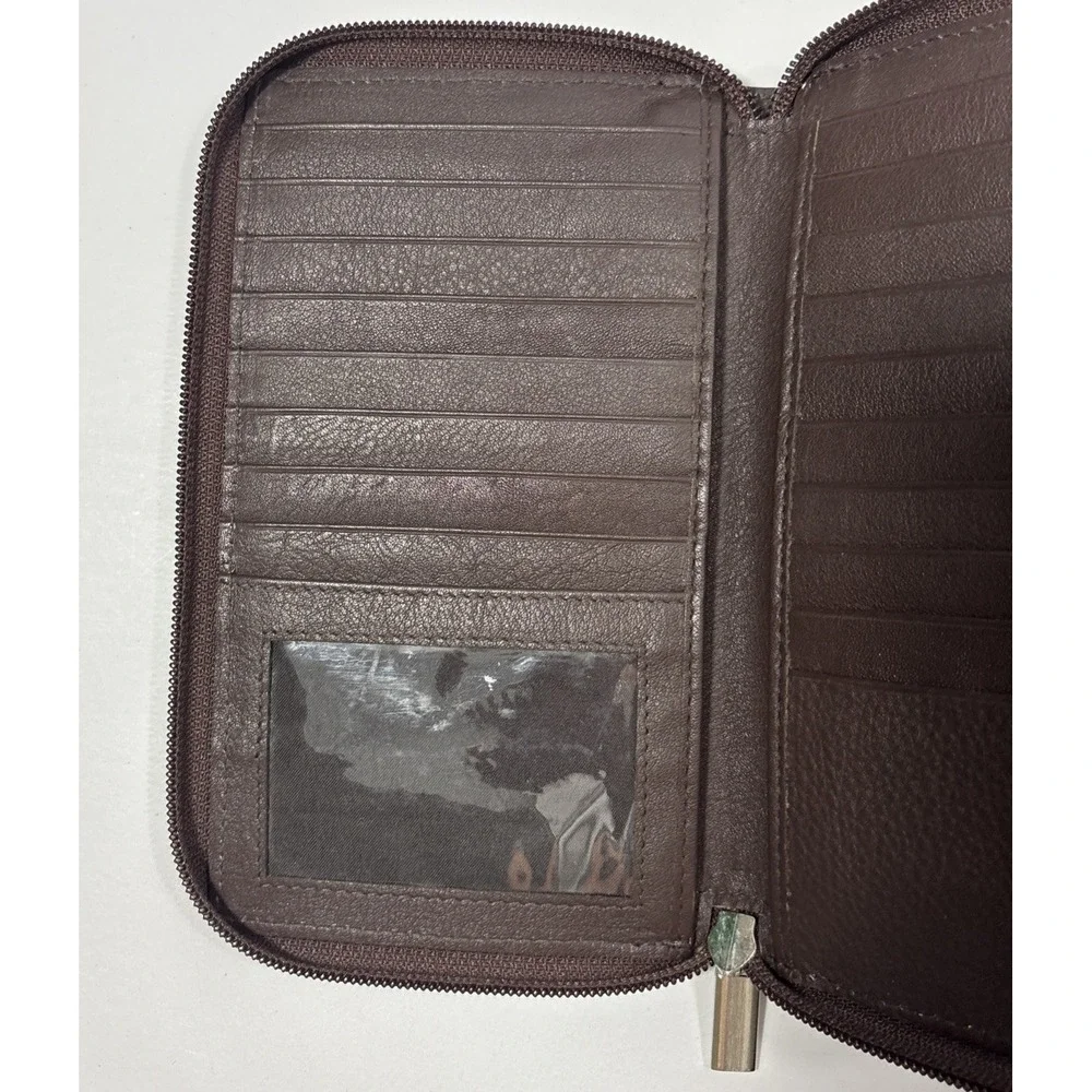 Genuine Brown Pebbled Leather RFID Blocking Zippered Passport Travel Wallet EUC